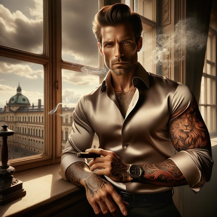 Captivating Berlin Gentleman in Silk Shirt with Intricate Tattoo
