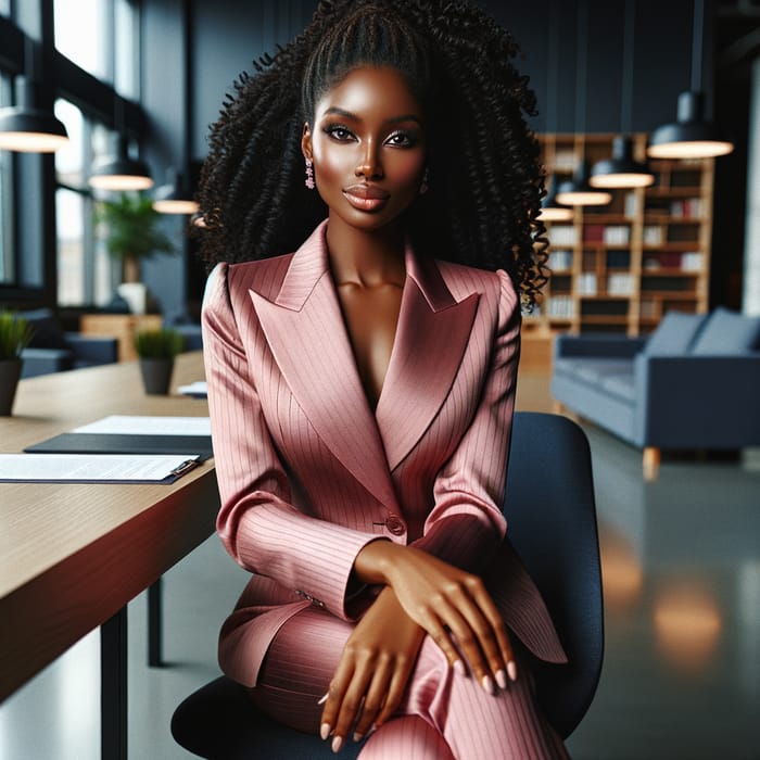 Empowering Black Woman CEO in Pink Suit at Publishing Company Office