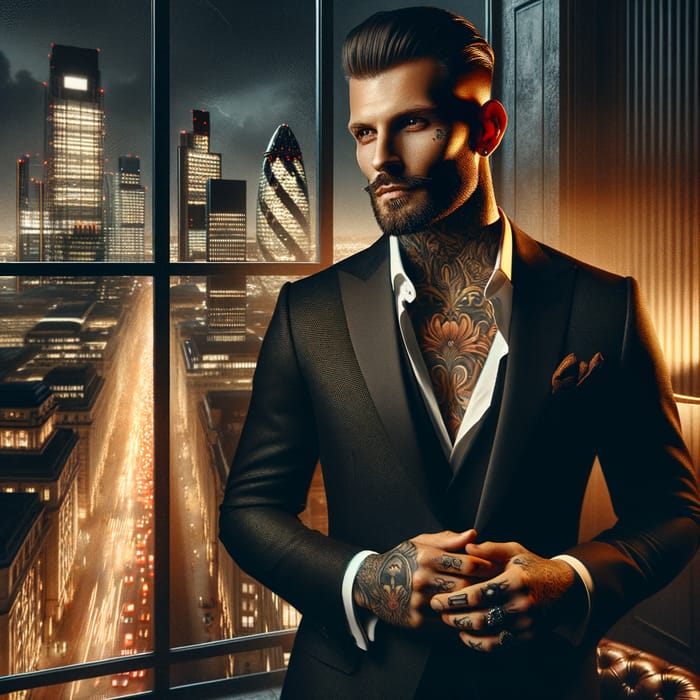 Captivating Urban Portrait in London: Charismatic Man with Intricate Story Tattoos
