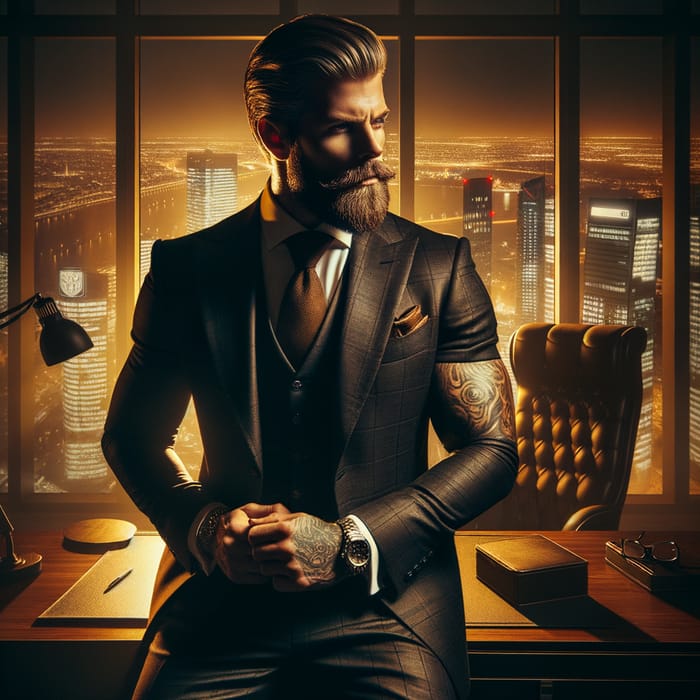 Sophisticated German Executive in Tailored Suit Overlooking Nighttime Skyline | Urban Allure & Power