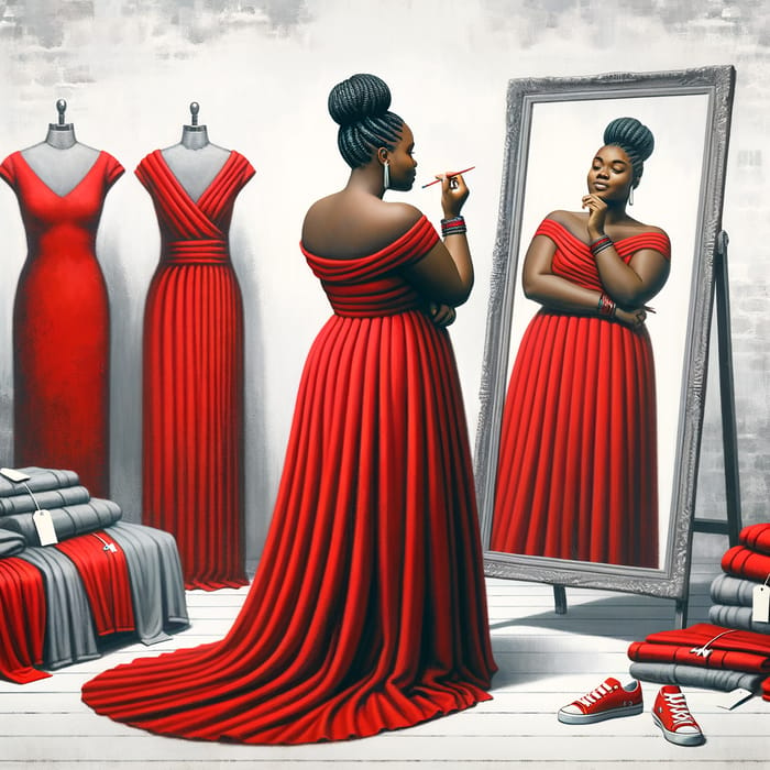 Airbrush Oil Painting of Plus Size Black Woman in Red Dress