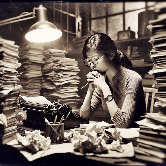 Young Woman Writing in Academic Setting: Nostalgic Vintage Scene