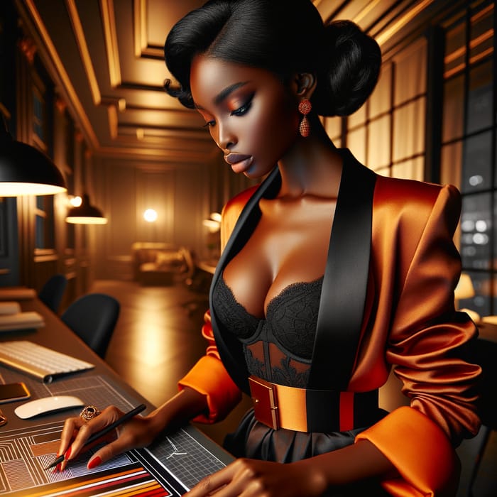 Sophisticated Black Woman in Chic Orange & Black | Modern Luxury Office Setting