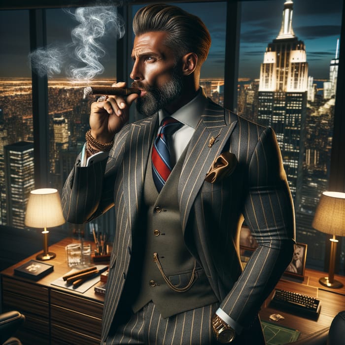 Sophisticated Power: Italian Man in Luxe Suite, NYC Night Views