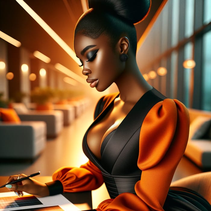 Stunning Black Woman in Chic Orange Attire in Luxurious Office