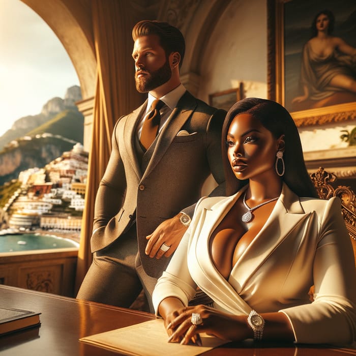 Confident Plus-Size African American Woman & White Russian Man at Luxurious Italian Villa