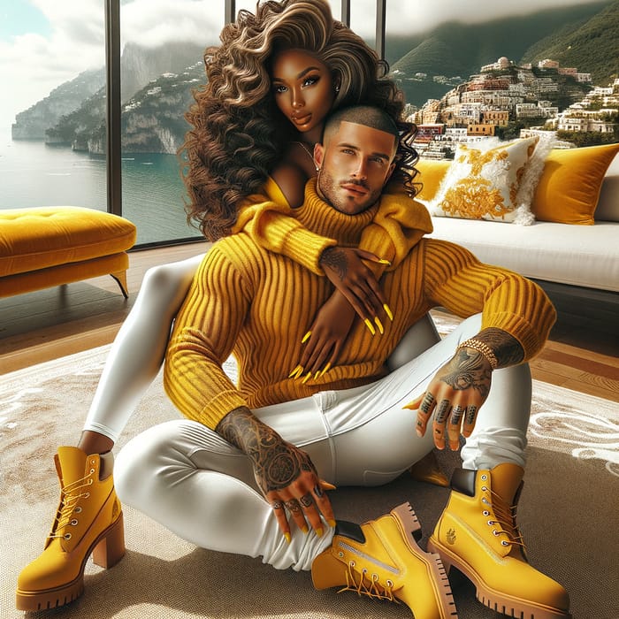 Luxurious Amalfi Coast Portrait - Elegant Couple Embracing in High Fashion Style