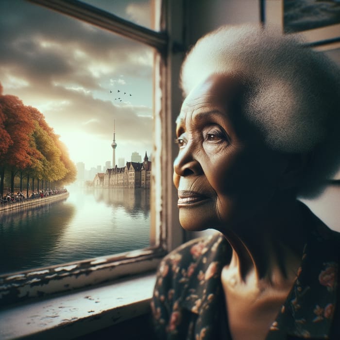 African American Elderly Woman Contemplating Nature and City Life