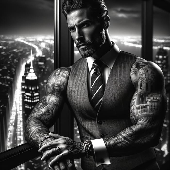Italian Man in Tailored Suit With Detailed Tattoos | New York Night Lights