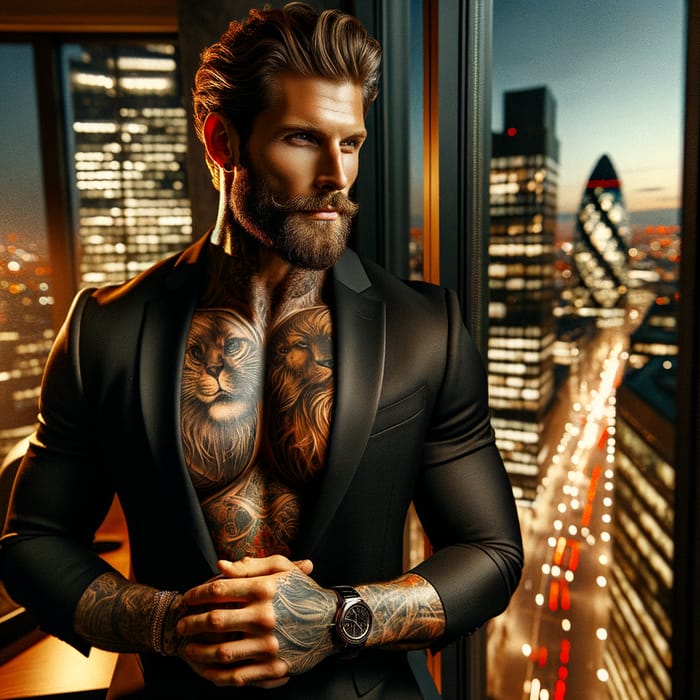 Sophisticated Urban Man with Intricate Tattoos | London Night Lights