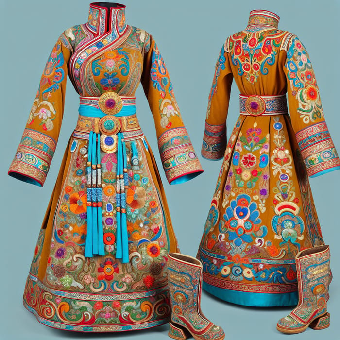 Ancient Mongolian Women's Deel: Vibrant Silk Outfit with Elaborate Embroidery