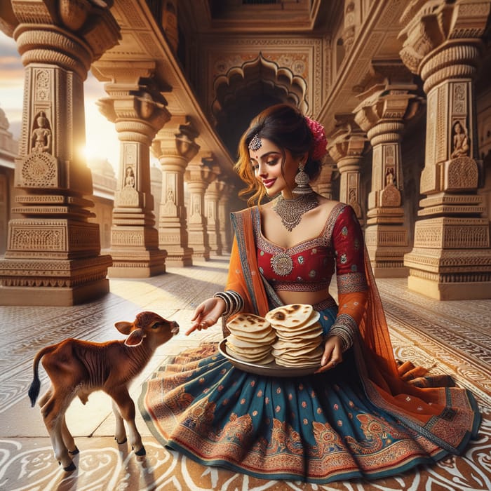 Beautiful South Asian Girl in Traditional Indian Attire at Temple with Chapatis