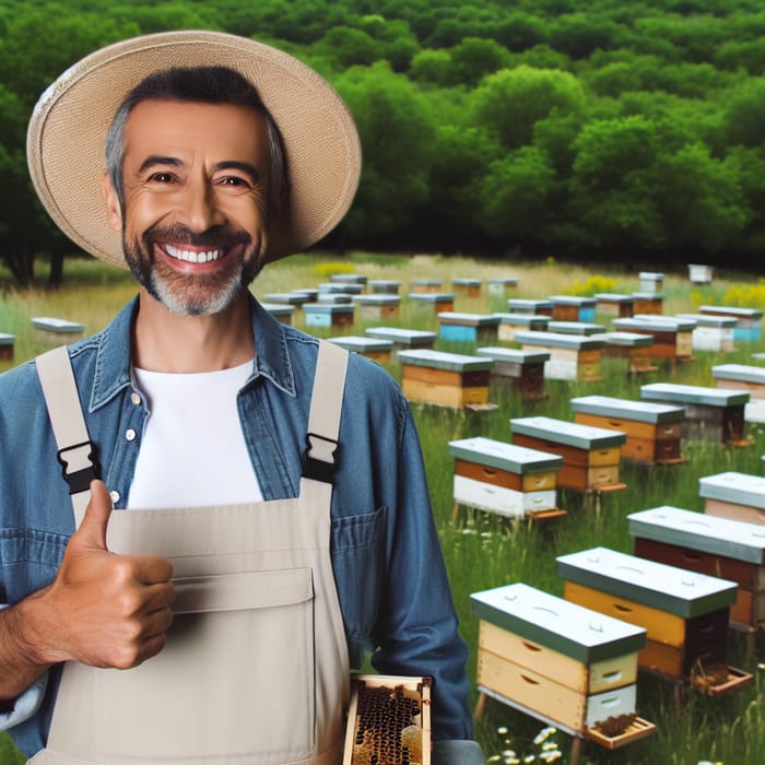 Happy Hispanic Beekeeper in Green Nature | Lush Beehives Background