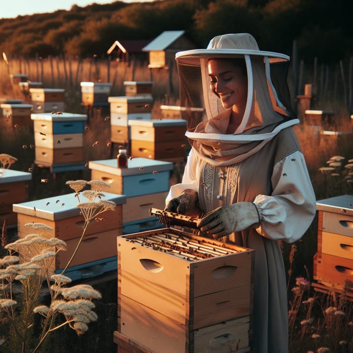 Tranquil Middle-Eastern Female Beekeeper | Serene Bee Farm Scene