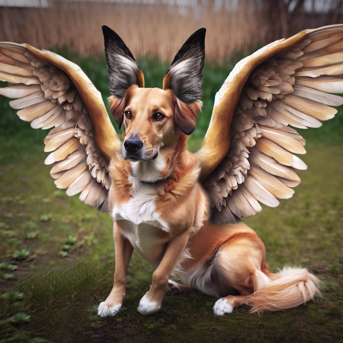 Whimsical Dog with Wings Soaring in a Grass Field