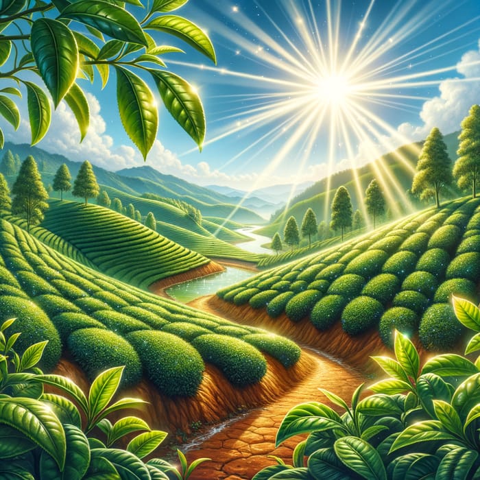 Tea Plantation Serenity: Sunlit Skies & Green Rows