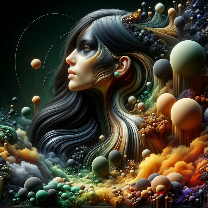 Surreal Digital Art: Woman with Long Black Hair in Amber Green and Violet Landscape