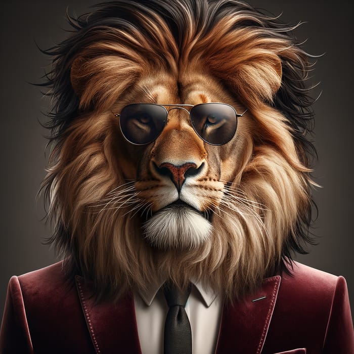 Realistic Lion Art: Alpha Roaring in Maroon Suit with Stylish Sunglasses