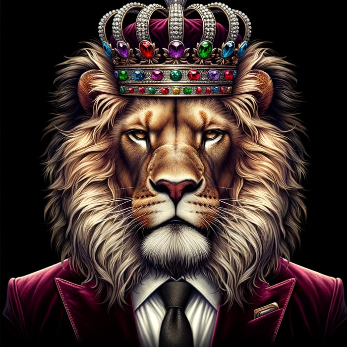 Royal Lion in Platinum & Gold Crown, Roaring Confidently in Designer Velvet Maroon Suit and Sunglasses
