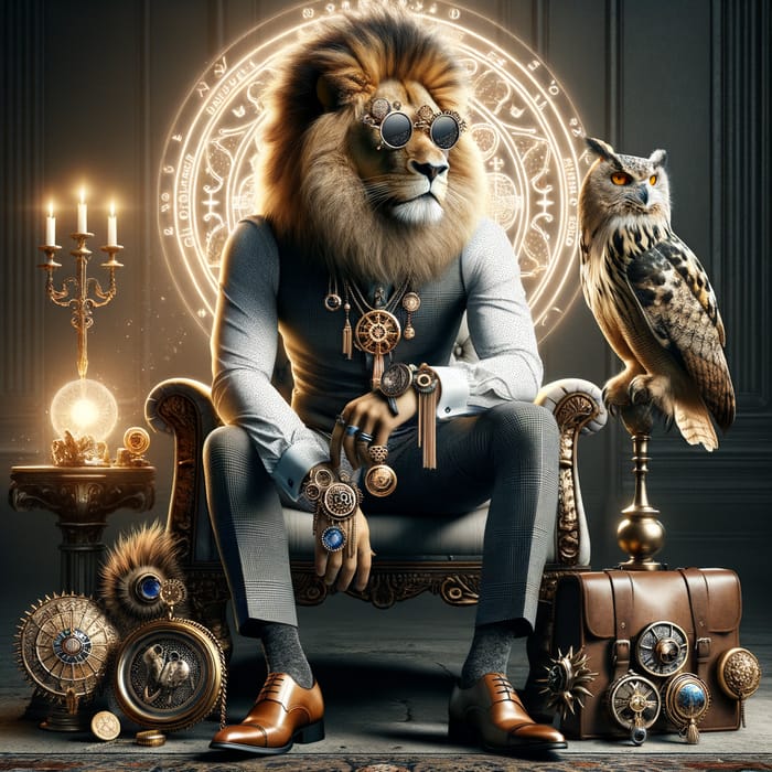 Fashionable Alpha Lion with Photorealistic Gears, Gems, and Magic Circle