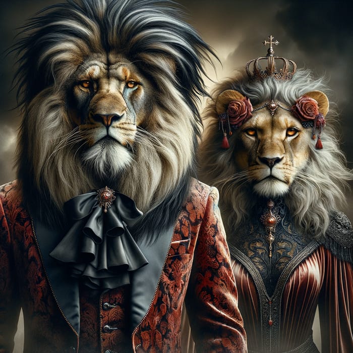 Majestic Lion King & Queen in Rose Velvet Outfits | Enchanted Fantasy Image