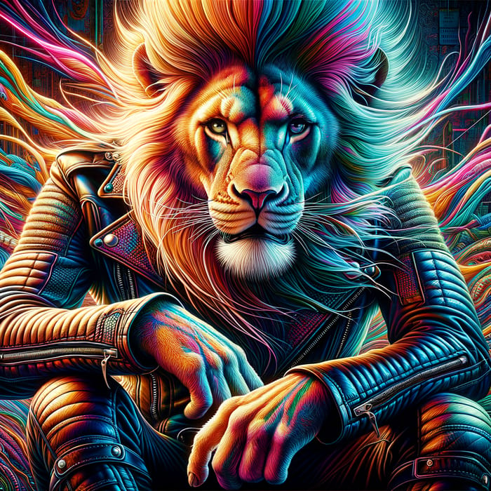 Sultry Neonlight Lion in Colorful Leather Clothes - CarnageStyle