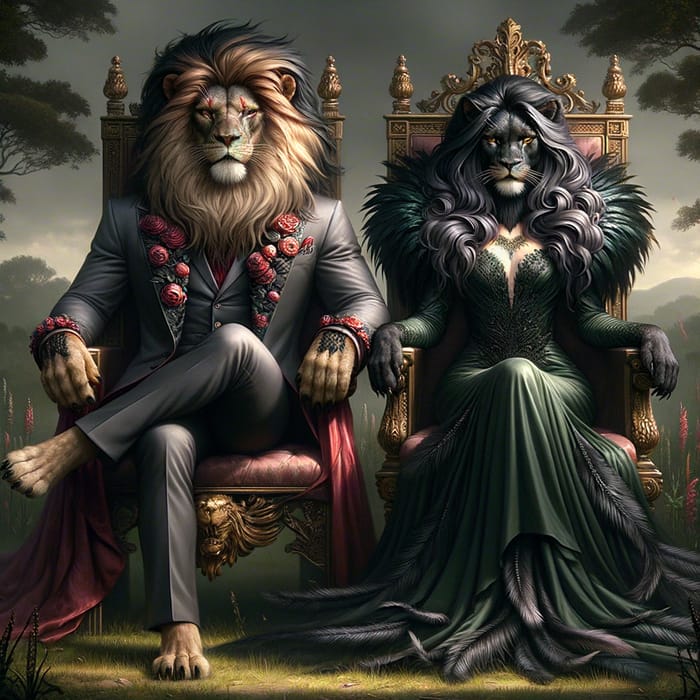 Majestic Lion & Lioness in Vibrant Fantasy World