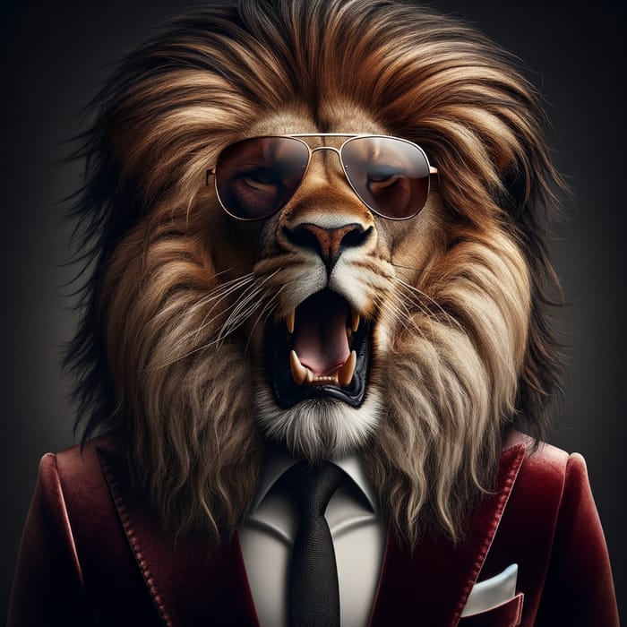 Alpha Lion Roaring in Maroon Suit with Designer Sunglasses
