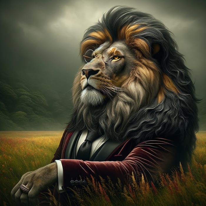 Majestic Lion in Velvet Suit on Lush Meadow, Vibrant Metallic Hues