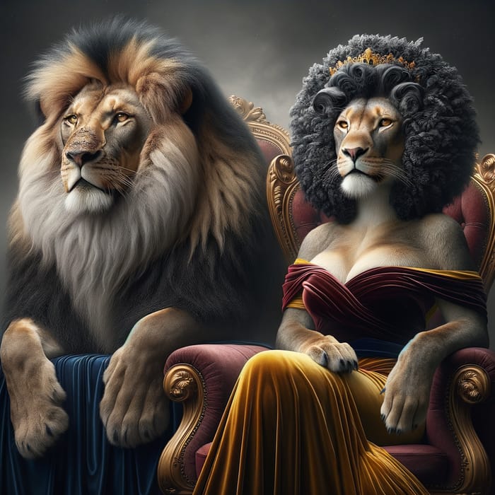 Majestic Alpha Lion & Ecuadorian Lioness in Regal Velvet Attire