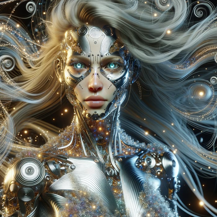 Futuristic Optics Art: Silver & Gold Cyborg Woman in Crystal Dress