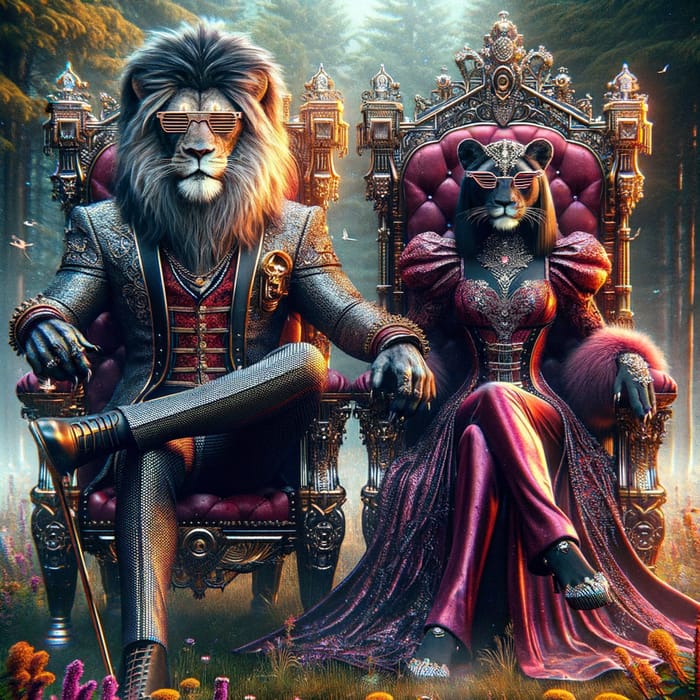 Majestic Alpha Lion and Confident Lioness in Dark Fantasy Setting