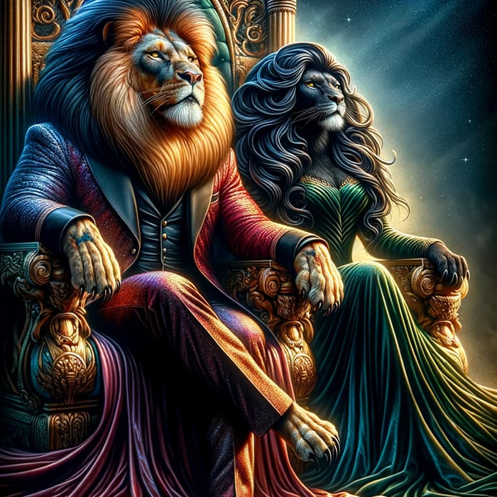 Majestic Male & Female Lion Thrones in Realistic Dark Forrest Scene