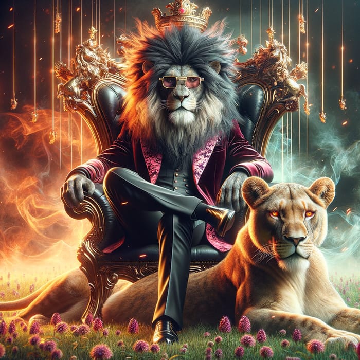Majestic Lion King and Queen: Cyberpunk Fantasy Throne Scene