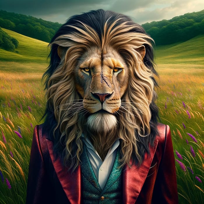 Majestic Alpha Lioness & Lion in Velvet Attire | Enchanted Fantasy Scene