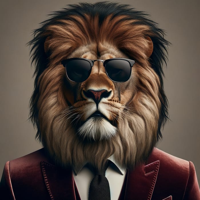 Confident Lion in Maroon Suit - Stylish Roaring Alpha