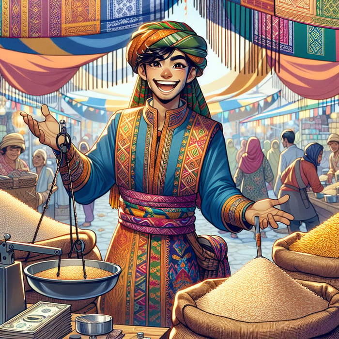 Cute South Asian Character Selling Rice | Joyful Local Market Scene