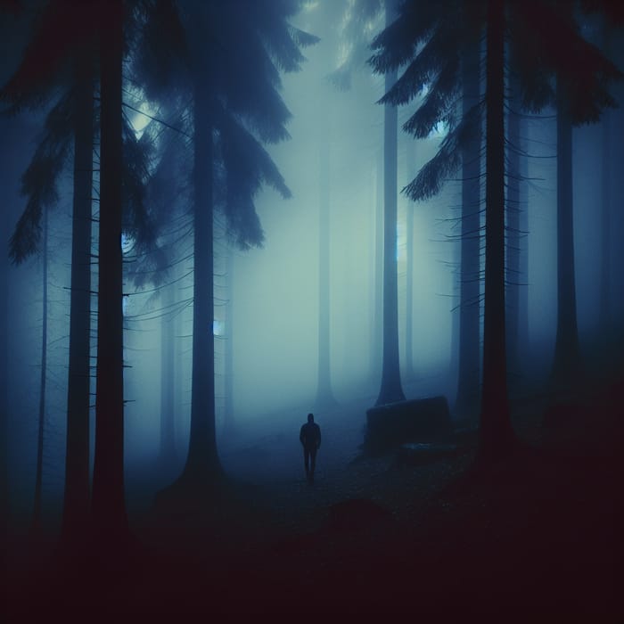 Enigmatic Figure in Foggy Forest | Deep Blues & Purples