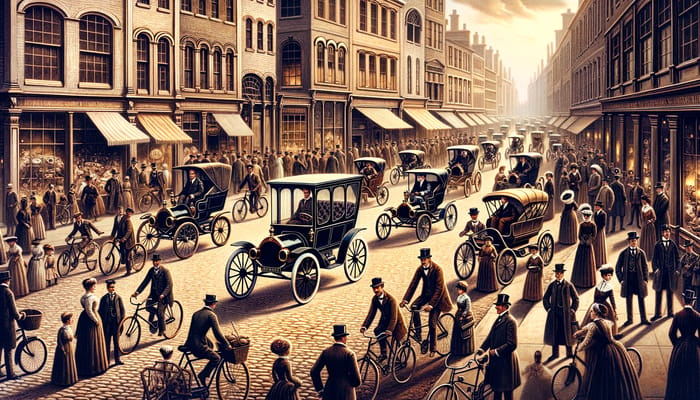 19th Century Street with Vintage Cars and Bicycles in Mixed Cultural Scene