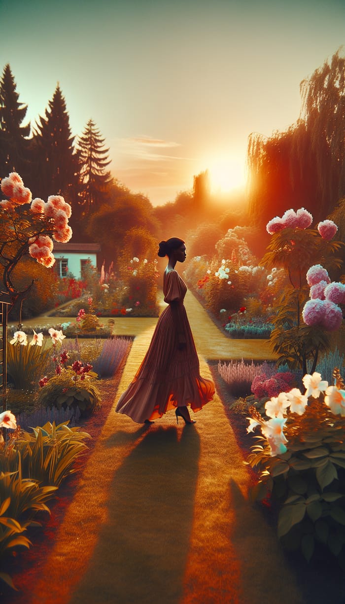 Elegant Woman in Long Dress Walking in Sunset Garden