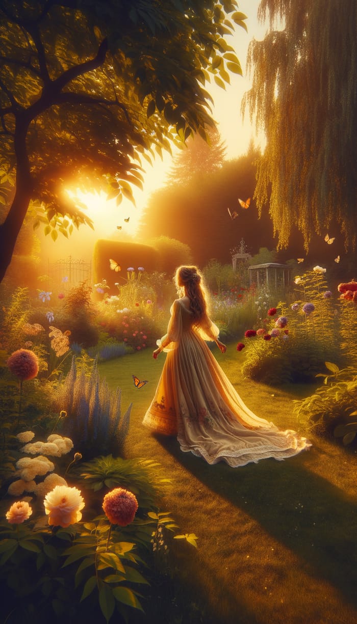Irish Woman Gracefully Strolling in Lush Garden at Sunset