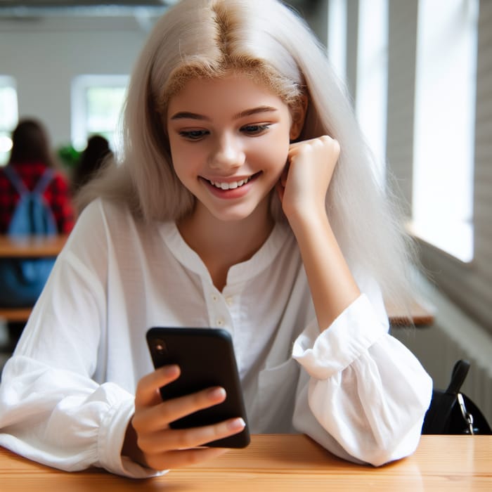 Teenage Girl with White Hair | Sitting Alone at Table Smiling