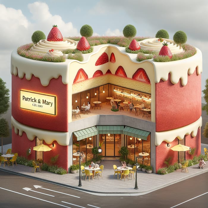 Realistic Two-Storey Cake Restaurant with Red Velvet Walls