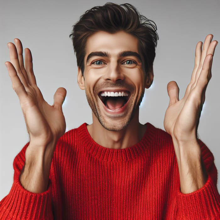 Joyful Man in Red Sweater with Hands Up