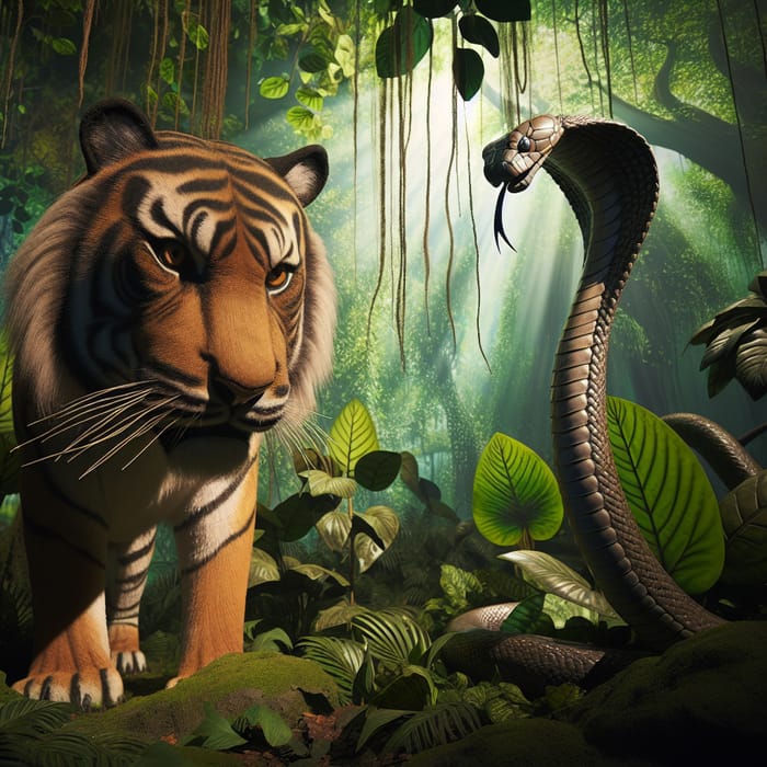 Real Tiger and Cobra Encounter in Jungle, Wildlife Scene, AI Art  Generator