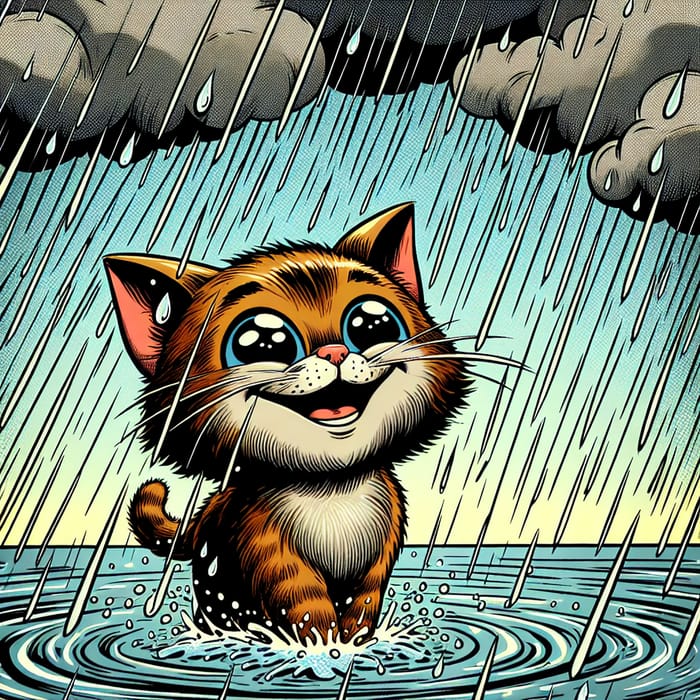 Laughing Comic Cat in Rain | Illustrated Joyful Feline Art