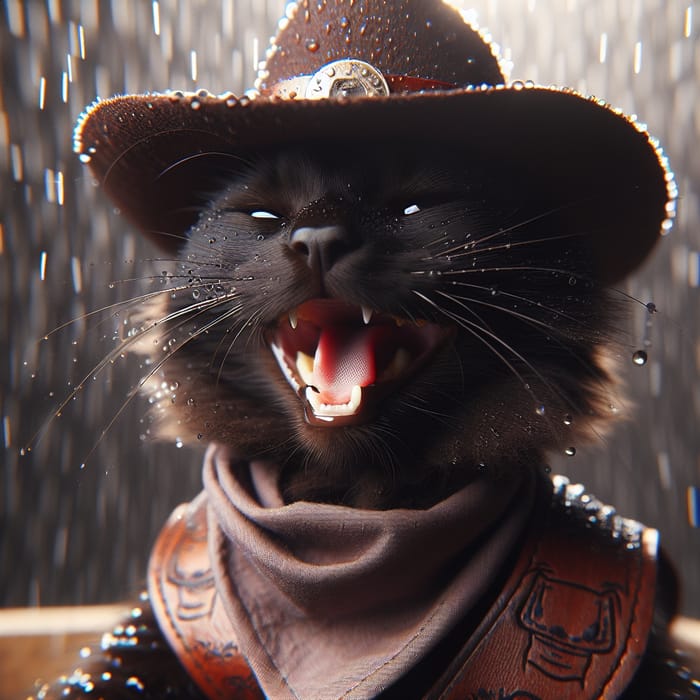 Laughing Dark Cat in Cowboy Outfit Enjoying Rain