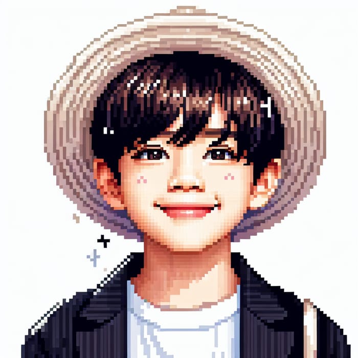 Pixel Art Cute Asian Boy Portrait with Stylish Hat