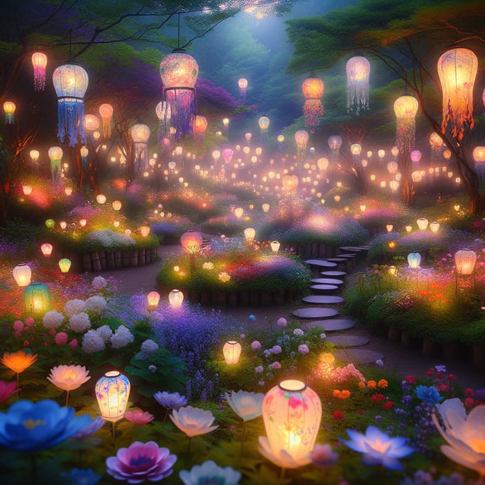 Mystical Garden of Floating Lanterns and Glowing Flowers