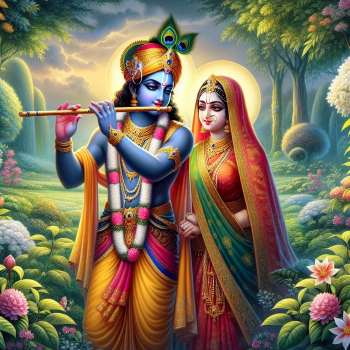 Radha and Krishna in a Verdant Garden - Celestial Harmony Revealed